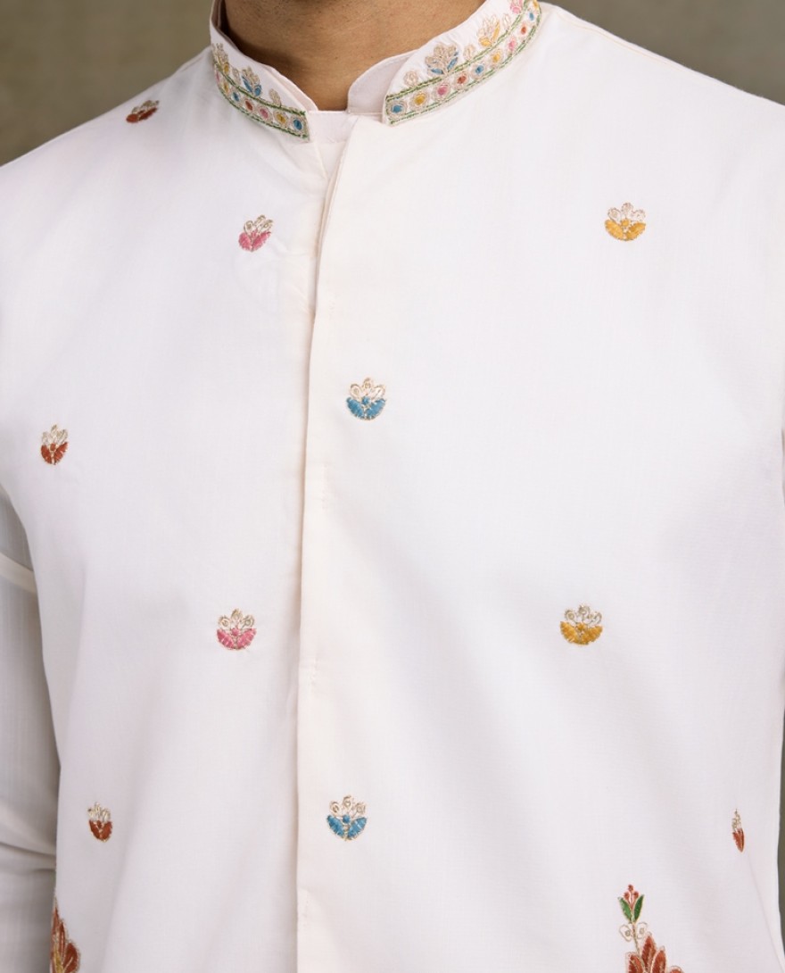 61232-white - Designer White Cotton Kurta with Embroidered Koti